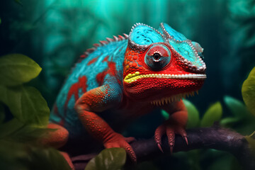 Obraz premium stunning turquoise chameleon, its intricate patterns and vibrant colors bringing a touch of fantasy to your imagination. Generative AI.