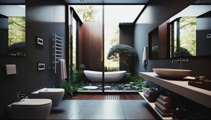Modern luxurious bathroom interior with designful bathtub and cabinet. Generative AI