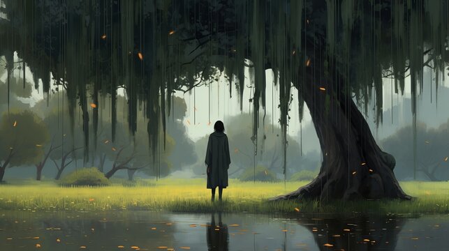 Captivating Anime Wallpaper: Emotive Scene of Solitude and Reflection with Weeping Willow Tree, Raindrops, and Hidden Emotions, Generative AI