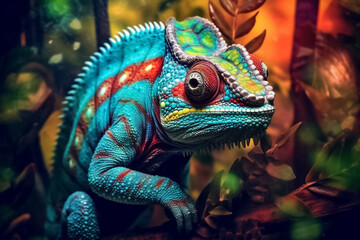 Obraz premium stunning turquoise chameleon, its intricate patterns and vibrant colors bringing a touch of fantasy to your imagination. Generative AI.
