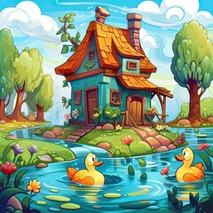 A Childrenâ€™s Fantasyland: A Brightly Coloured House with its Garden, River, Ducks & Lush Nature: Generative AI - obrazy, fototapety, plakaty