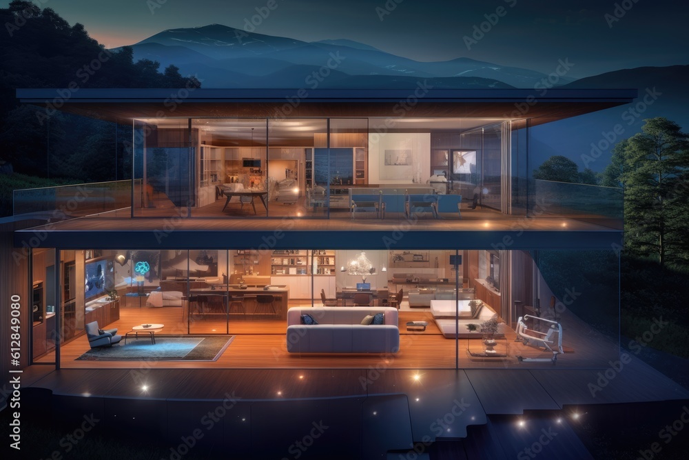 Poster photo of a futuristic smart home, showcasing automated systems and interconnected devices. generativ