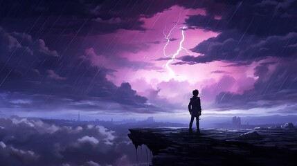 Brooding Anime Wallpaper: A Powerful Illustration of Solitude and Despair Amidst a Stormy Landscape - Silhouette of a Person in the Sky, Generative AI