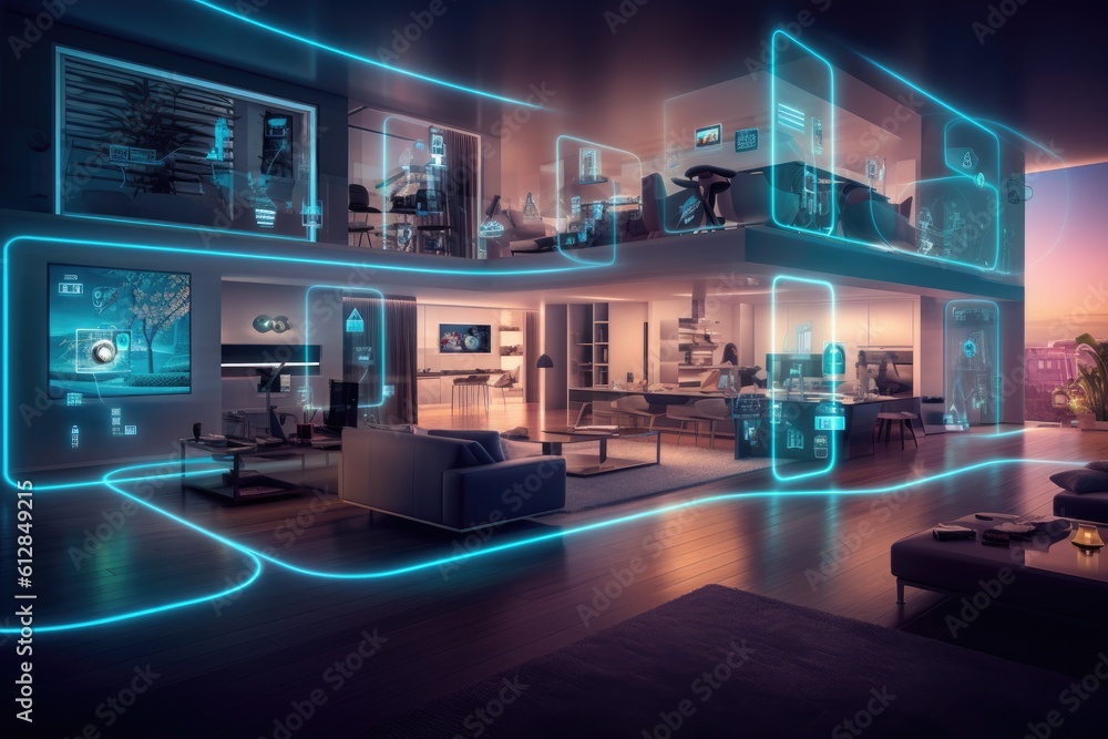 Poster photo of a futuristic smart home, showcasing automated systems and interconnected devices. generativ