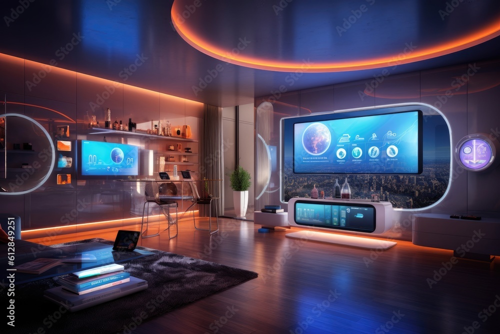 Poster photo of a futuristic smart home, showcasing automated systems and interconnected devices. generativ