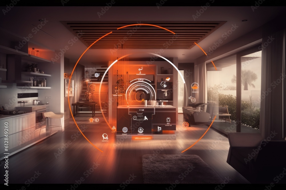 Poster photo of a futuristic smart home, showcasing automated systems and interconnected devices. generativ