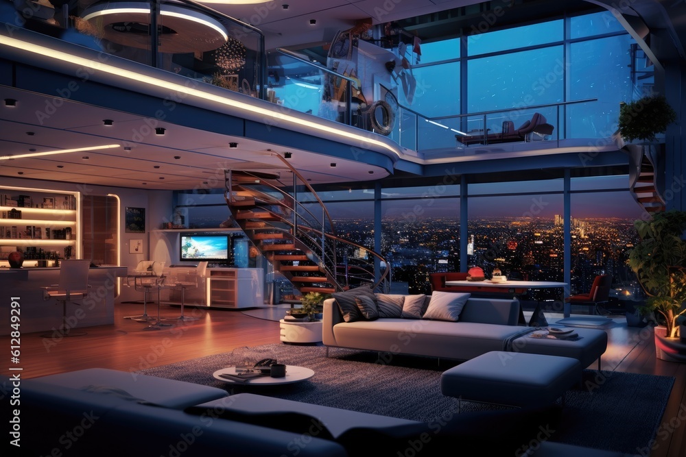 Poster photo of a futuristic smart home, showcasing automated systems and interconnected devices. generativ