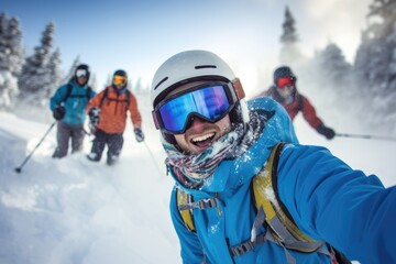 Fototapeta na wymiar Photo of a group of friends skiing down a snowy slope, their faces filled with excitement and joy. Generative AI