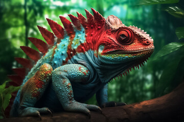 Obraz premium beauty of an iguana lizard up close, with its skin boasting a fantasy-inspired palette and a textured pattern that seems straight out of a surreal dream. Generative AI.