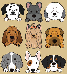 Set of outlined cute and simple dog heads with front paws