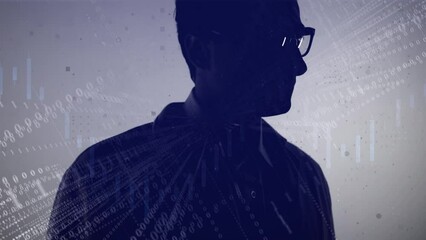 Computer graphics. The silhouette of a man in glasses against the background of a binary code going into a tunnel and blockchain graphs - Powered by Adobe