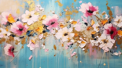 Fondo abstracto de pintura con trazos gruesos decorativo de flores de colores.Ilustracion de ia generativa