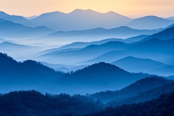 Blue layers of mountain during sunrise Generative Ai