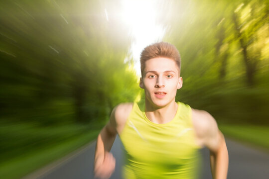 Athletic man green top is running jogging in a park. Illustration of a motion moment created with Generative AI technology