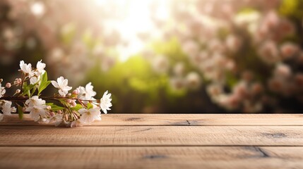 wooden board table floor foreground with cherry blossom branch, mockup idea, Generative Ai