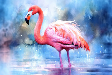 Pink flamingo in watercolor Generative AI