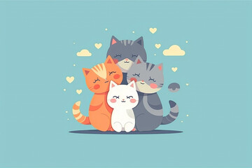 Cute cat and kitten on blue background  flat design Generative Ai