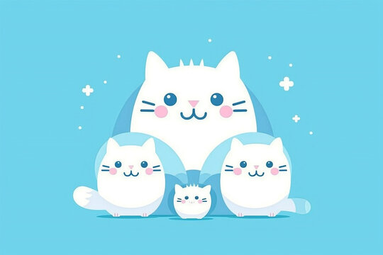 Cute white color cat family on blue background  flat design illustration Generative Ai