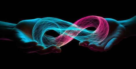 Hand holding virtual reality infinity symbol community connection of metaverse world global network technology system and abstract loop sign element digital communication 3d background. Generative AI. - obrazy, fototapety, plakaty
