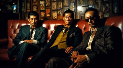 Members of the Japanese yakuza mafia are sitting on a sofa in a nightclub. Concept. Generative AI. - obrazy, fototapety, plakaty