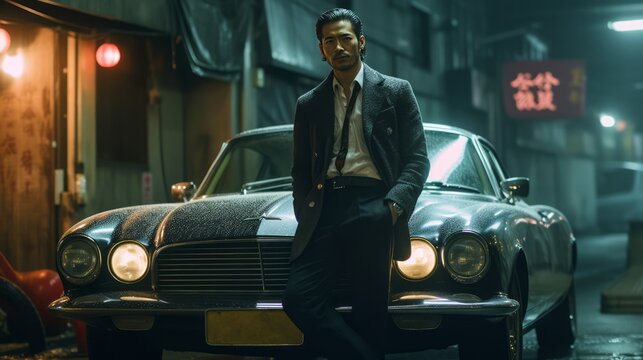 Member of the yakuza near a car. Japanese mafia man concept. Generative AI.