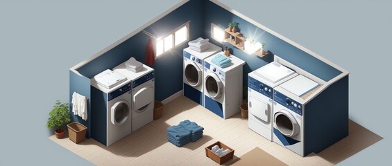 Isometric View of a laundry with navy blue walls in Lens Flare using Cartoon drawing style. Generative AI