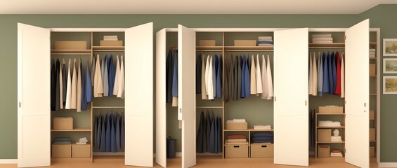 Panoramic View of a Coat closet with beige walls in Sunshine rays using Watercolour painting style. Generative AI