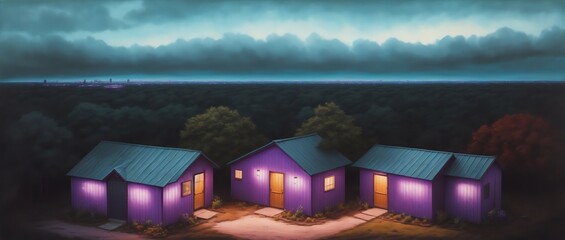 Aerial View of a shed with purple walls in Flickering light using Oil on canvas painting style. Generative AI