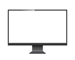 Black computer monitor mockup. Pc template with blank screen. Desktop isolated on white or transparent background.