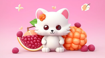 Cute voluminous fruit in Asian style. Cartoon fruit with a animal. Gentle square illustration with 3d character. White animal on a pink background with sweets