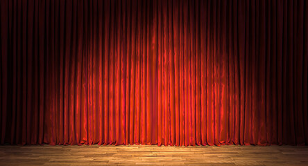 wooden stage with long red satin curtain.