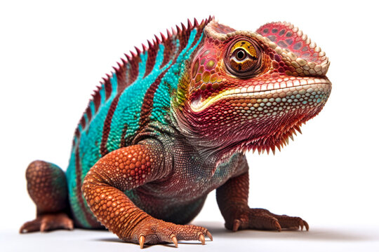 Colourful Chameleon On A White Background.