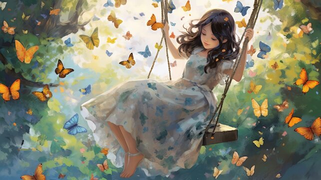 Enchanting Anime Girl on Swing: Captivating Willow Tree Meadow Artwork with Colorful Butterflies, Generative AI