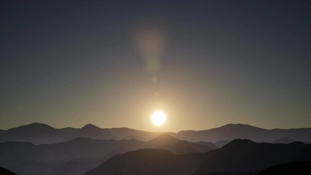 landscape sunrise or sunshine animation with clear sky without clouds and litle bit fog between mountains enviroment background