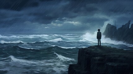 Silhouette of a Person Standing on the Top of the Mountain - Emotional Anime HD Wallpaper: Solitary Figure on Cliff, Stormy Sea, Dark Clouds, Generative AI