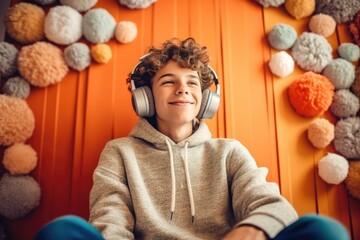 Adolescent boy listening to music with fun headphones in his room at home. Generative AI - obrazy, fototapety, plakaty