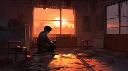 Fototapeta premium Lonely Reflection: Emotionally Charged Anime Illustration of a Desolate Room, HD Wallpaper with Sorrowful Expression and Introspection, Generative AI