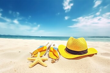 Hat, sunglasses and starfish on the sandy beach. Vacation concept