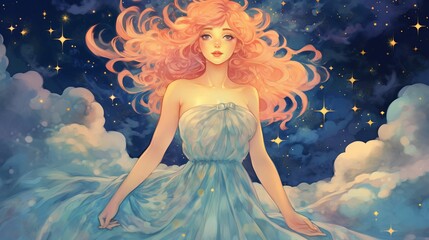 Radiant Anime Girl: Enchanting Pastel-Haired Beauty on a Dreamy Night Sky, Illustration, Watercolor Painting, Generative AI
