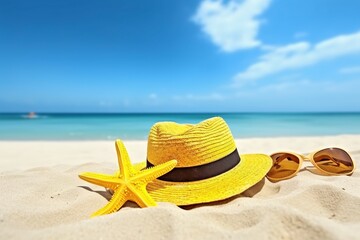 Hat, sunglasses and starfish on the sandy beach. Vacation concept