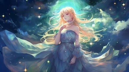 Obraz na płótnie Canvas Enchanting Anime Girl with Pastel-Colored Hair on Fluffy Cloud in Dreamy Night Sky - Magic Fairy with Magic Wand and Stars, Generative AI