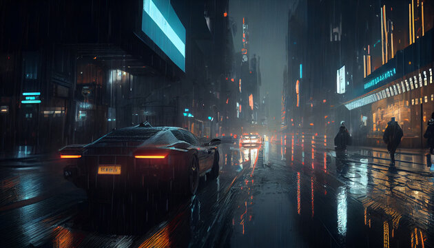 Cyberpunk city rainy futuristic scene Ai generated image