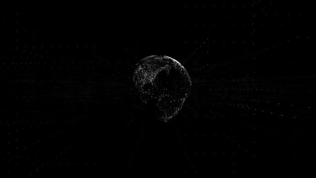 Computer graphics layout of the globe with continents pierced by lines of dots that make up the coordinate system rotates on a black background. The concept of the modern consumer world