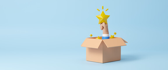 3D cartoon Hand holding star, paying extra bonus money to employee, special gift more salary or premium payment for high performance worker concept. Gift give away and bonos. 3d rendering illustration