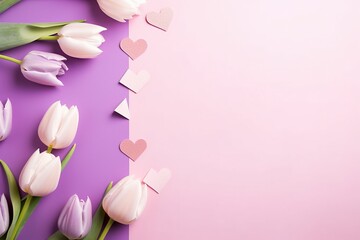 Plakat Bouquet of white tulips and hearts on a pink background. Mother Day background