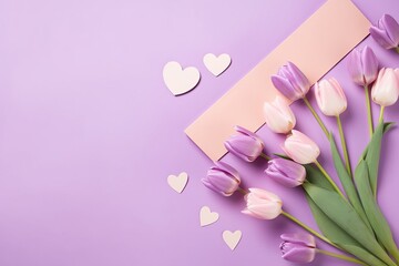 Bouquet of white tulips and hearts on a pink background. Mother Day background