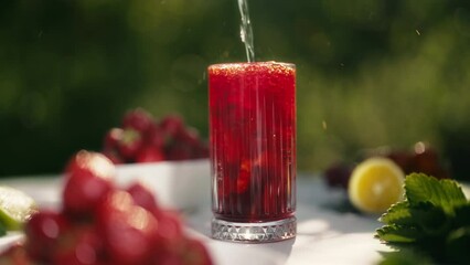 Pouring strawberry lemonade drink. Hand taking it from table. Mojito cocktail.