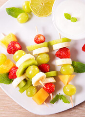 delicious mixed fruit skewer and dipping sauce- healthy eating
