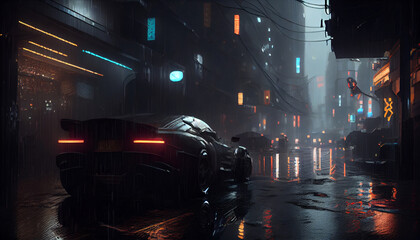 Cyberpunk city rainy futuristic scene Ai generated image