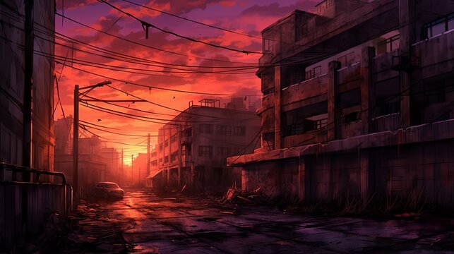 Old Town in the Evening - Desolate Dusk: HD Anime Wallpaper of Abandoned Cityscape with Eerie Vibes, Generative AI